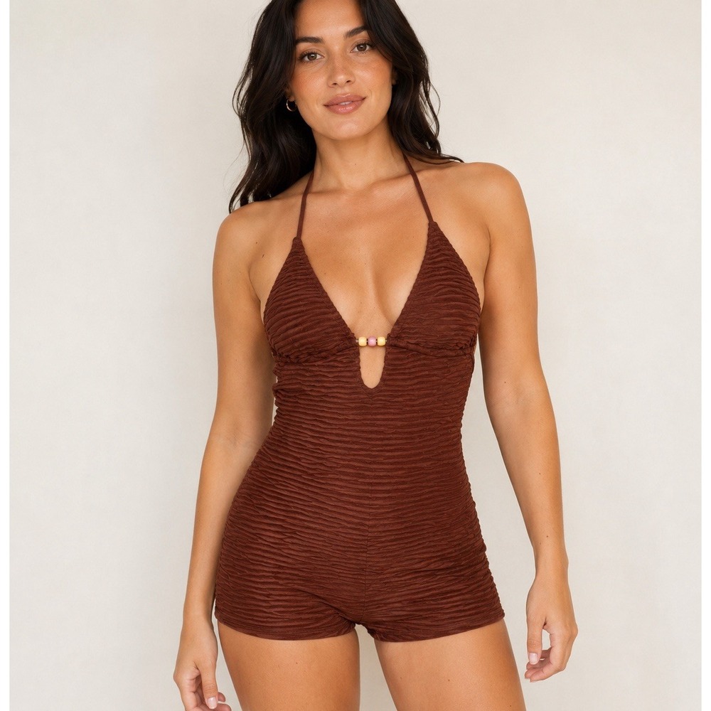 Dippin Daisys Caicos One Piece Swimsuit Size Small Brown Mocha Crinkle Boy Short